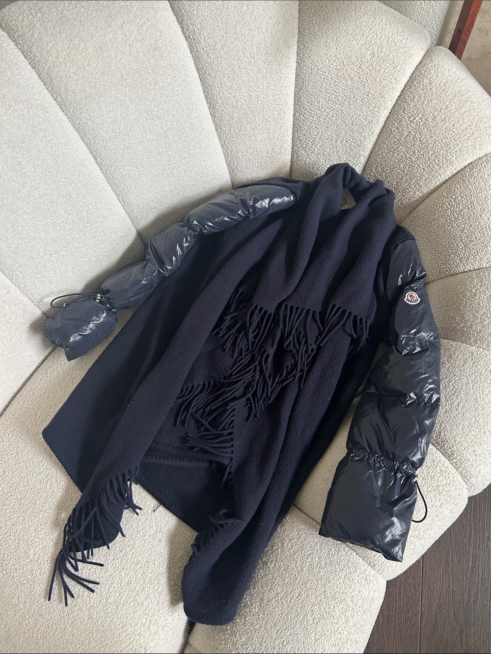 Moncler Navy Mixed-Material Coat with Fringe Scarf Detail